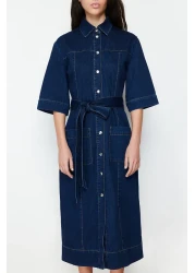  Collection Blue Belted Maxi Denim Dress Twoss24El00531