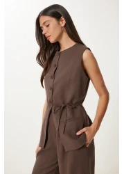 Happiness İstanbul Women's Brown Tie Detailed Linen Vest Trousers Suit No00026