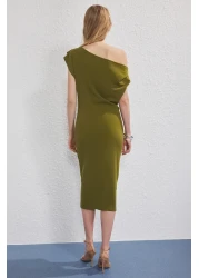  Collection Oil Green Midi Knitted Dress with Draped Detail