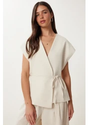 Happiness İstanbul Women's Cream Linen Vest Pants Suit No00020