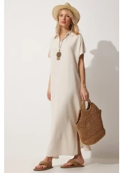 Happiness İstanbul Women's Cream Necklace Long Summer Linen Dress ZH00015