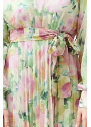  Modest فستان منسوج من الشيفون باللون الأخضر الفاتح مع تفاصيل حزام مزين بالزهور TCTSS24EB00151