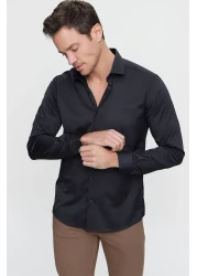 Morven قميص رجالي أسود بقصة ضيقة وأكمام طويلة وياقة صلبة