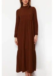  Modest Brown Stand Collar Crinkle Wide Fit Woven Dress TCTSS22EB00171