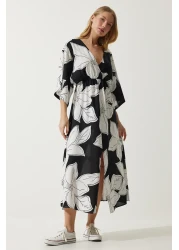 Happiness İstanbul Women's Black and White Wraped Collar Patterned Summer Viscose Dress DK00166