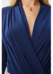 Happiness İstanbul Women's Navy Blue Wraped Collar Padded Sandy Blouse with Snap Fasteners Zh00039