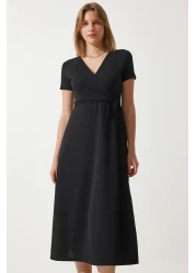 Happiness İstanbul فستان نسائي أسود محبوك بفتحة رقبة على شكل حرف V TO00134