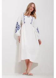 Trend Alaçatı Stili Women's White V-Neck Lined Linen Embroidered Midi Dress ALC-X11569