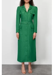  Modest فستان قميص منسوج من الكتان بحزام كاكي TCTSS24EB00017