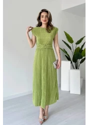 MODAMİNEM فستان نسائي بطيات باللون الأخضر الفستقي مع تفاصيل أربطة