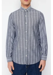  Collection قميص أزرق داكن مخطط بقصة ضيقة - ياقة بأزرار TMNSS22GO0028