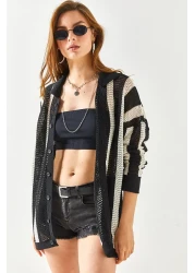 Olalook Women's Black Stone Striped Oversize Cotton Knitwear Shirt GML-19001128