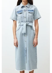  Collection Blue Hemline Tassel Belt Maxi Denim Dress Twoss24El00377