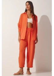 Happiness İstanbul Women's Orange Linen Shirt Baggy Trousers Set DZ00080