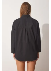 Happiness İstanbul قميص بوبلين أساسي أسود كبير الحجم للنساء BH00420