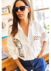 Olalook Women's Ecru Pocket Embroidery Detailed Casual Woven Linen Shirt GML-19001009