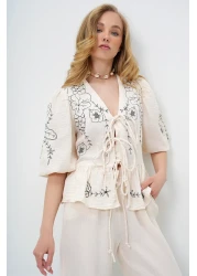 Trend Alaçatı Stili Women's Ecru V-Neck Skirt with Lacing and Embroidery Detail Flounced Muslin Linen Blouse Alc-X13993