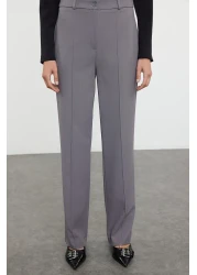  Collection Gray Straight Cut High Waist Ribbed Stitched Woven Trousers TWOSS21PL0093