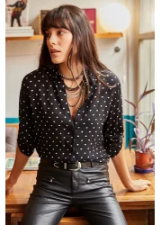 Olalook قميص نسائي منقط بأكمام سوداء GML-19000348