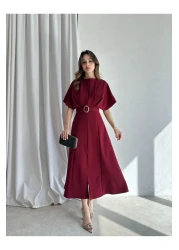 LİBAS Belt Detail Midi Dress Burgundy Color Dress