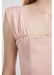  Collection Powder Pearl Detailed Waist Opening Woven Midi Evening Dress Night Graduation Dress Tprss25El00287