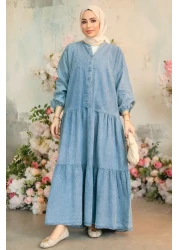 Neva Style فستان جينز حجاب أزرق بأزرار 10622M