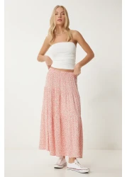 Happiness İstanbul Women's Pink Floral Slim Summer Woven Skirt Ub00304
