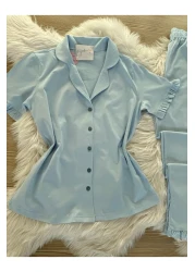 Pijamacs Baby Blue Cotton Sleeve and Leg Ruffle Detailed Short Sleeve Front Buttoned Pajama Set