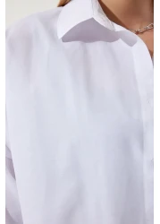 Happiness İstanbul قميص أساسي طويل كبير الحجم للنساء باللون الأبيض DD00842