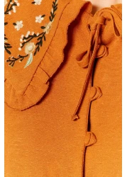  Modest Cinnamon Embroidery Detailed Linen Look Woven Dress Tctss23Eb00257