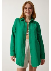 Happiness İstanbul قميص موسلين كبير الحجم بجيب أخضر للنساء MX00150