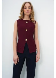 Trend Alaçatı Stili Women's Burgundy Crew Neck Gold Buttoned Ottoban Blouse Alc-X13729