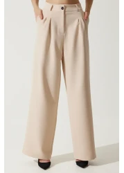 Happiness İstanbul Women's Cream Wide Leg Masculine Woven Trousers HG00001