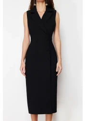  Collection Double Breasted Collar Black Midi Dress with Pencil Skirt - Button Detail, Sleeveless - TWOSS24EL00616