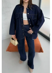 ASEDE Pocket Detailed Belted Navy Blue Denim Premium Jacket Jean Set