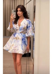 Butik Şenel فستان كتان بريطاني مطبوع بأزرار صغيرة