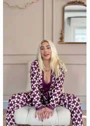 Pijamaevi Purple Daisy Exclusive Women's Pajama Set with Knitted Dressing Gown