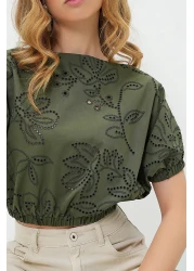 Trend Alaçatı Stili Women's Khaki Wide Collar Guipure Premium Crop Woven Blouse Alc-X13769