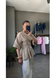 YOUR NAME Oversize Belted Ecru Linen Blouse