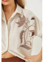 Bianco Lucci Women's Bead Stone Embroidery Embroidered Linen Aerobin Oversize Shirt 60283026