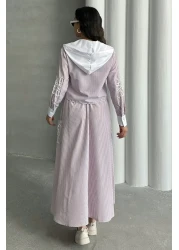 MD trend طقم تنورة قميص وغطاء للرأس مخطط للسيدات مكون من قطعتين