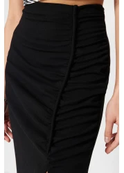  Collection Black High Waist Drape and Slit Detail Crepe Fabric Midi Knitted Skirt Twoss23Et00316