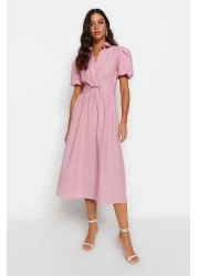  Collection Pink Striped Double Breasted Collar Midi Woven Dress TWOSS23EL02233