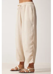 Happiness İstanbul Women's Cream Linen Shirt Shalwar Trousers Set DZ00080