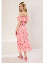  Collection Pink Floral Skirt Waist Opening Ruffle Chiffon Flight Flight Woven Midi Dress Twoss25El00278