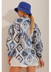 Trend Alaçatı Stili Women's Indigo Princess Ethnic Patterned Flaming Linen Woven Shirt ALC-X10396