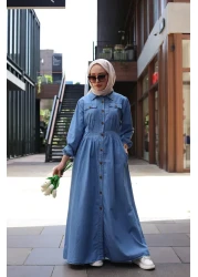 HARMAN BUTİK فستان حجاب طويل من الدنيم بأزرار باللون الأزرق الفاتح