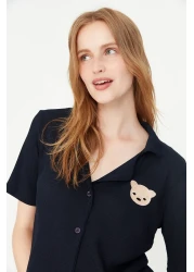  Collection Navy Blue Teddy Bear Ribbed Knitted Pajamas Set Thmss21Pt0168