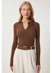 Happiness İstanbul Women's Brown Polo Neck Corded Knitted Blouse GT00111