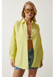 Happiness İstanbul قميص نسائي أساسي طويل كبير الحجم باللون الأصفر الفاتح DD00842